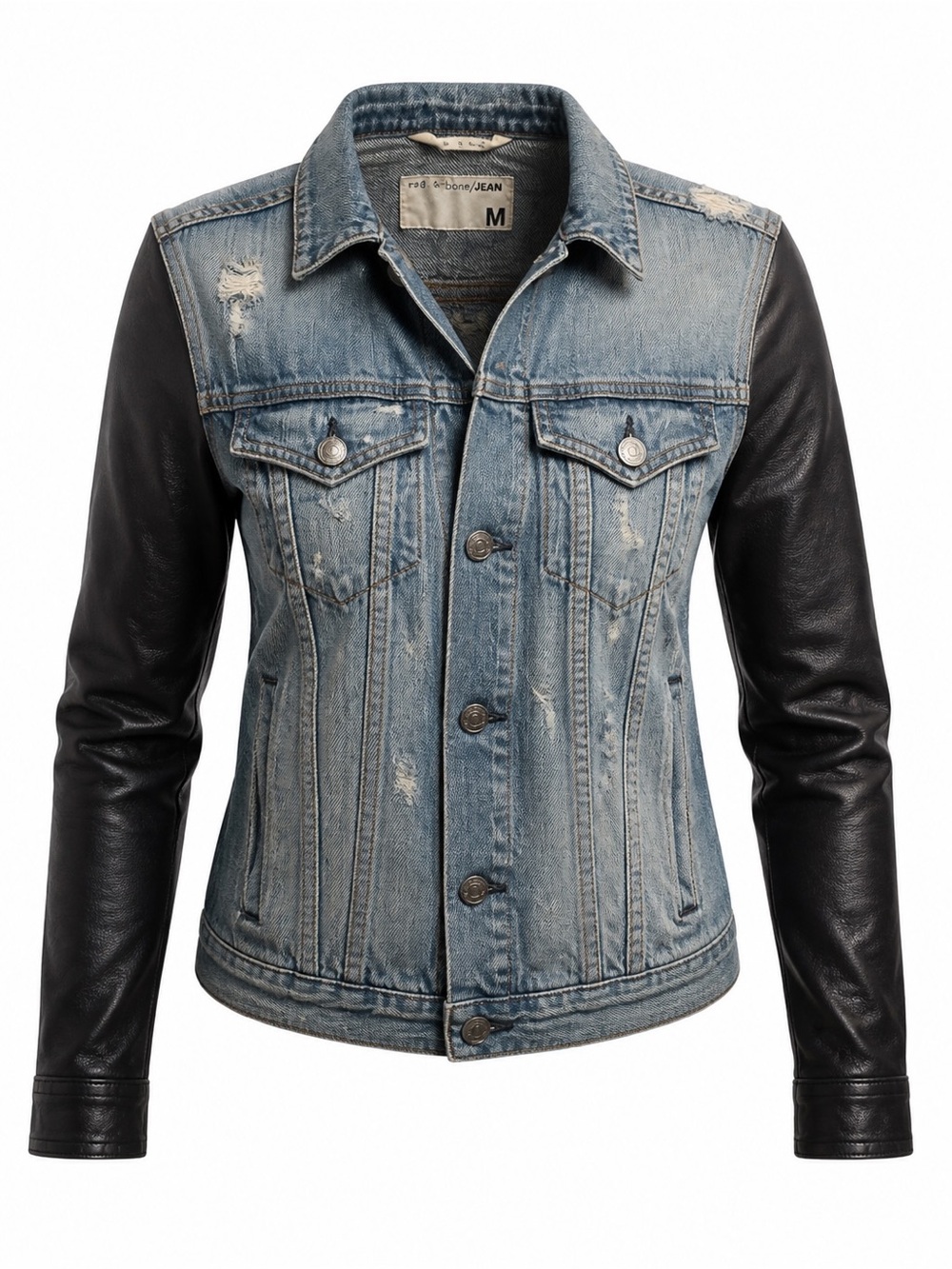 Rag & Bone Women's The Jean Jacket w/ Black Lamb Leather Sleeves M - Picture 3 of 7